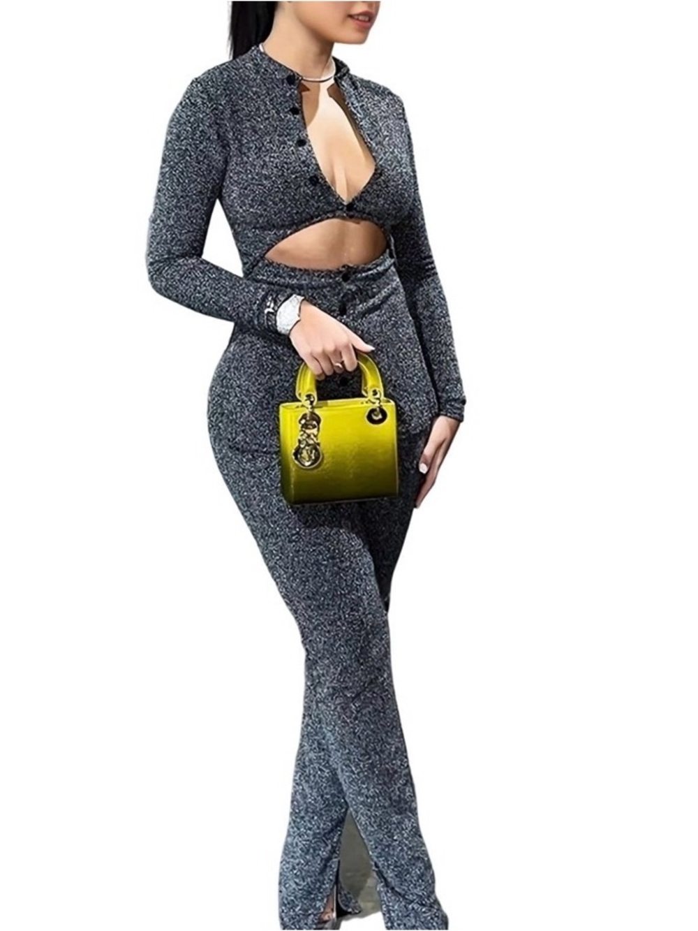 Novaorily Glitter 2 Piece Set Cut Out Top Flare Pants M Y2K Party